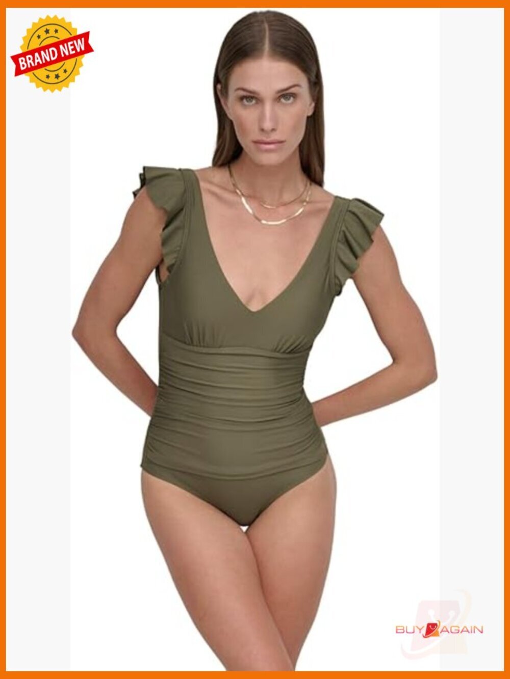 Women's Ruffle Shoulder V-Neck One Piece Swim Tummy Control